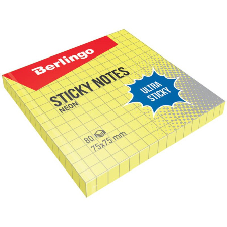 Самоклеящийся блок Berlingo "Ultra Sticky", 75*75мм, 80л, в клетку, желтый неон,арт.LSn_39700
