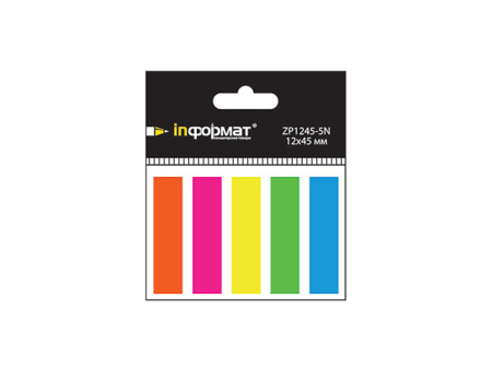 Закладки клейкие inФОРМАТ 12х45 мм 20 штх5 цв. неон пластик, арт. ZP1245-5N