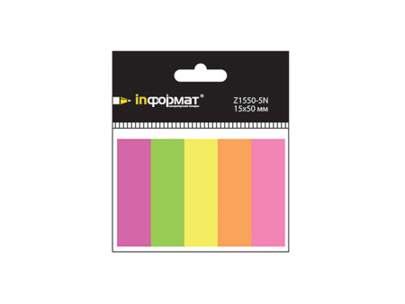 Закладки клейкие inФОРМАТ 15х50 мм 40 штх5 цв. неон бумажн., арт. Z1550-5N